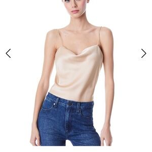 Alice + Olivia Tan Harmon Slip Silk Tank in Almond